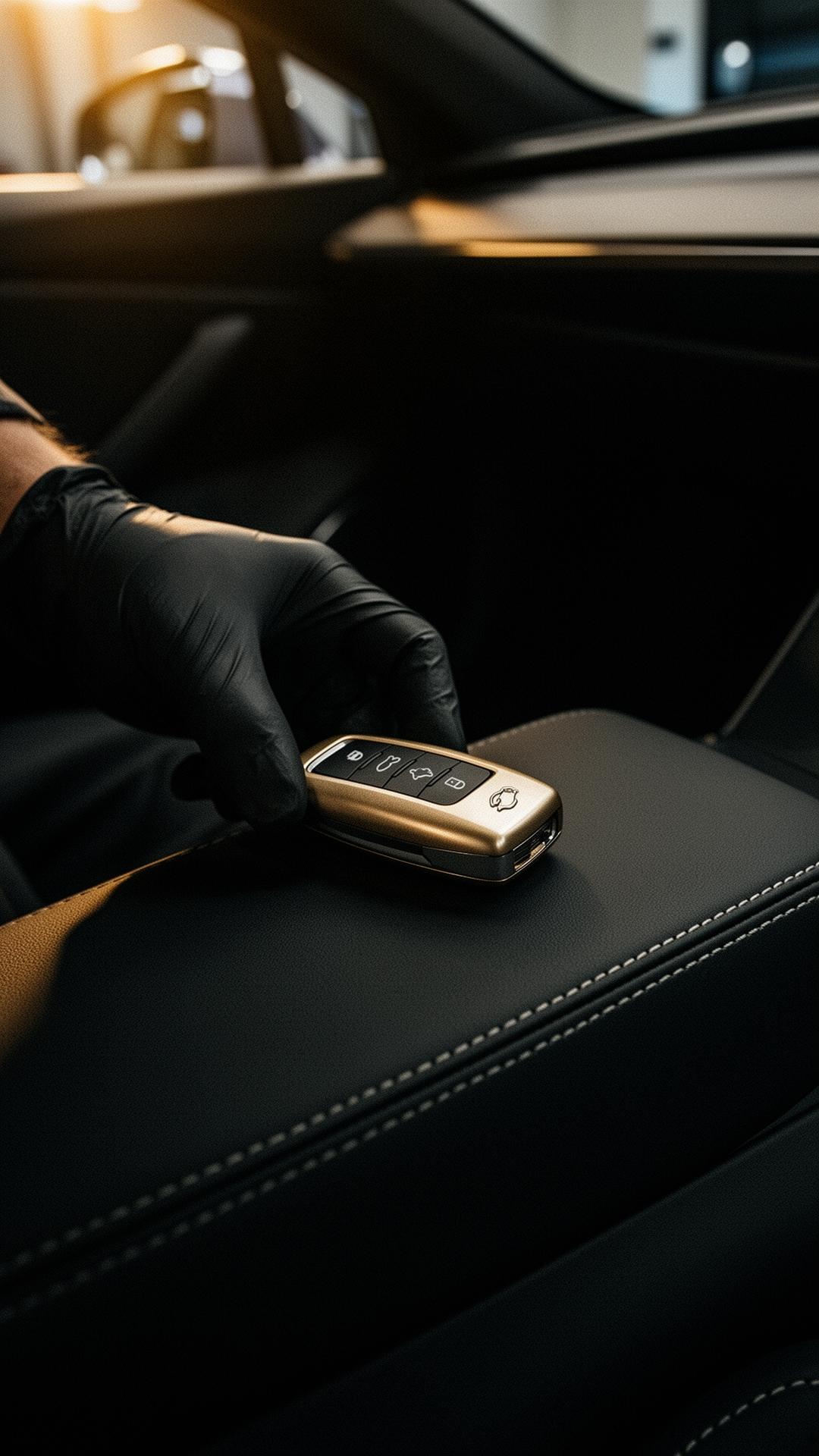 Evoluxe craftsman placing a key fob on a leather console